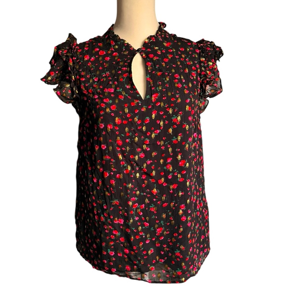 J. Crew Black & Red Floral Ruffled Cap Sleeve Blouse Size S